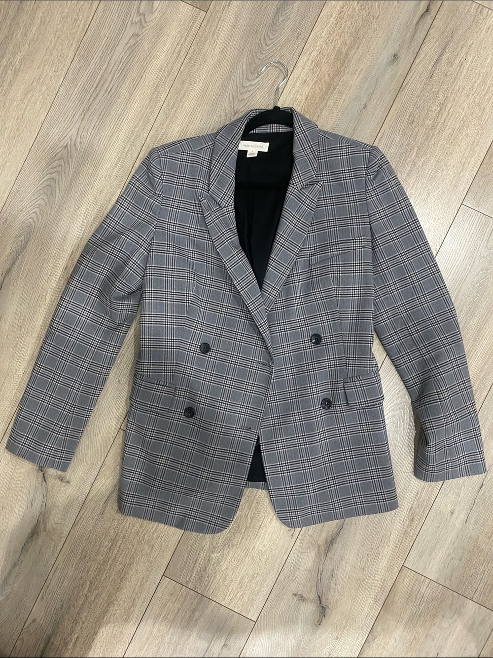 Treasure & Bond Gray Plaid Double-Breasted Blazer